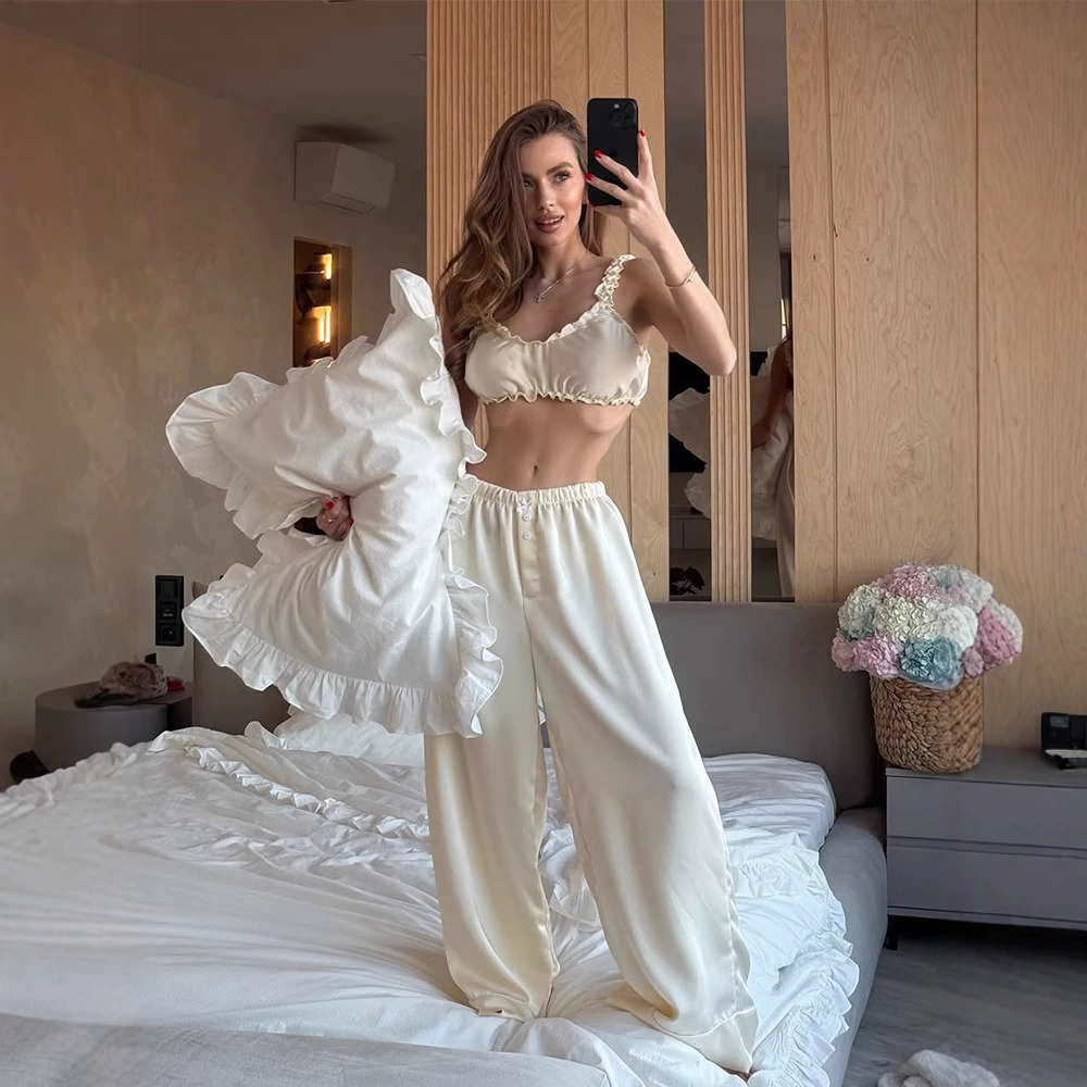 ZARA Summer Fashion Loungewear Sexy Ruffle Crop Camisole Pants Set